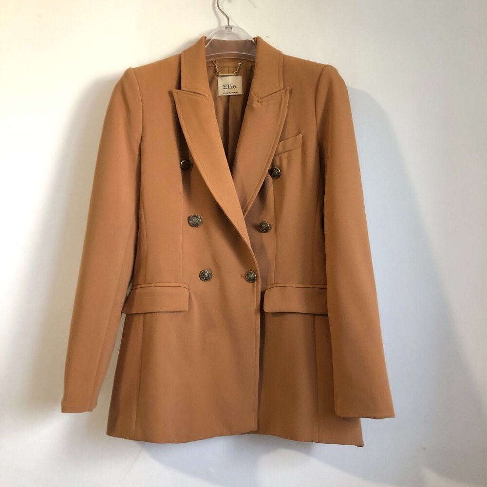 Elie Tahari Double-Breasted Structured Long Blazer Camel Metal Buttons Size 4